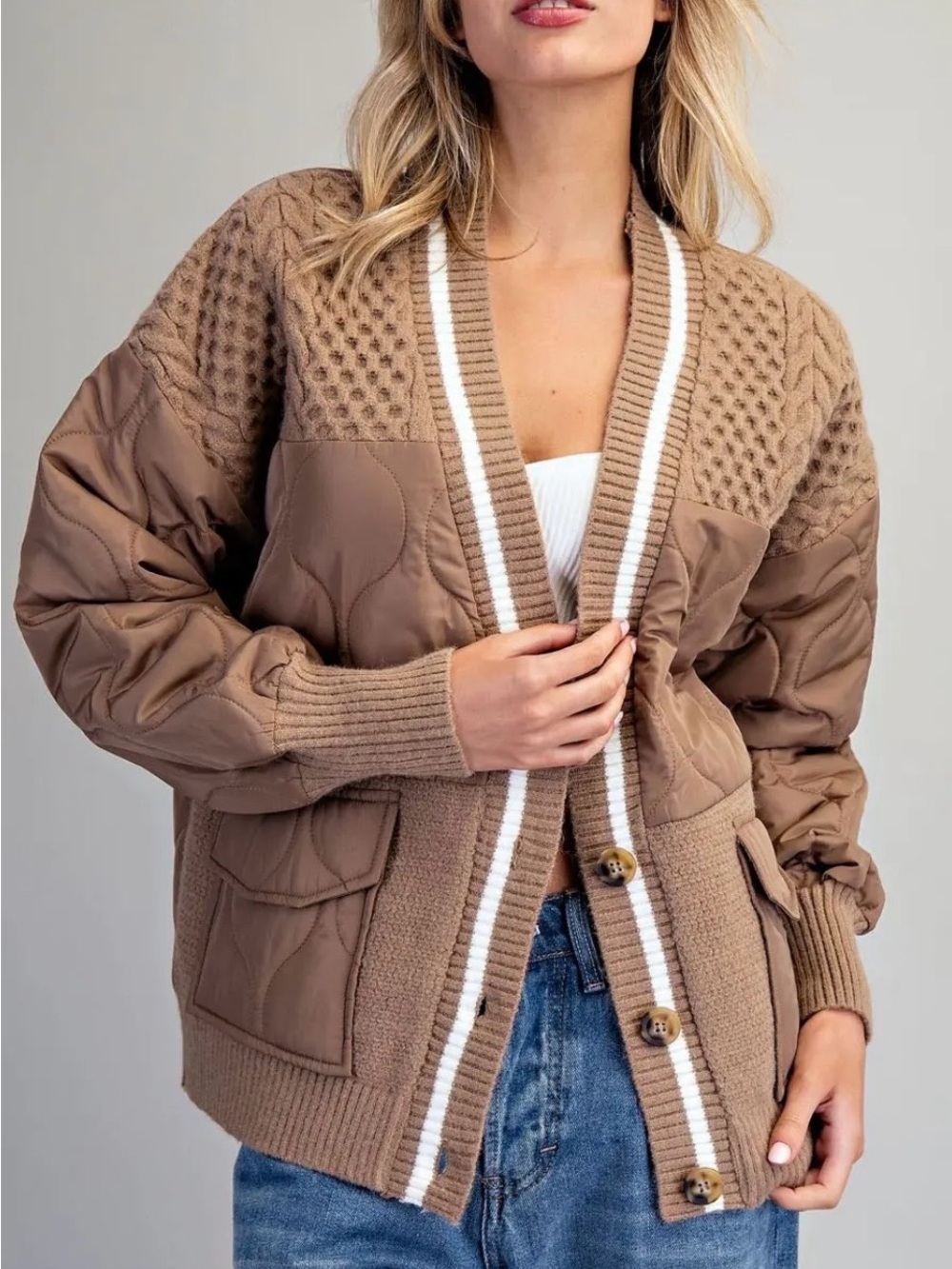 Eesome Quilted & Knitted Brown Patchwork jacket
